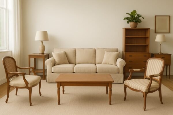 أثاث مستعمل أنيق لغرفة معيشة في الكويت بتصميم كلاسيكي من الخشب والكتان