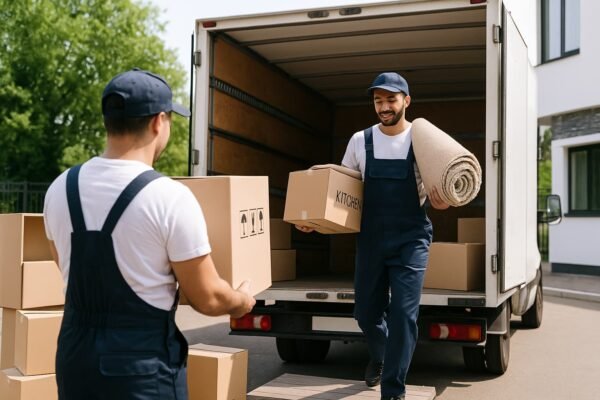 عمال نقل عفش بالكويت يحملون صناديق وسجاد إلى داخل شاحنة كبيرة