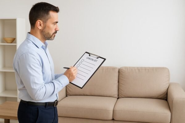 موظف يقوم بتقييم أثاث مستعمل في الكويت داخل منزل بسيط.