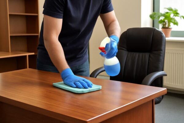 شخص ينظف طاولة خشبية في مكتب عصري