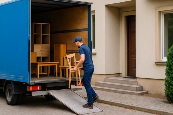 عامل نقل في الكويت يحمل كرسيًا خشبيًا ويحمّله داخل شاحنة نقل أثاث أمام منزل