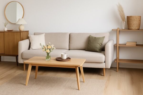 غرفة معيشة أنيقة في الكويت تضم أريكة وطاولة خشبية صغيرة بتصميم عصري