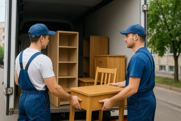 عمال نقل أثاث مستعمل يحملون قطع خشبية داخل شاحنة في السالمية بالكويت