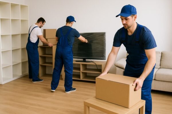 عمال نقل عفش بالكويت يحملون صناديق وأثاث داخل غرفة معيشة حديثة