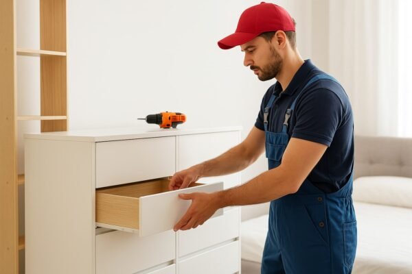 فني تركيب أثاث يستخدم أدوات دقيقة لتركيب مكتب حديث