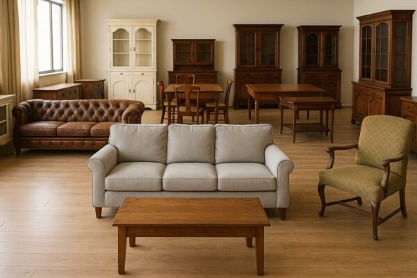 معرض أثاث مستعمل منظم في السالمية بالكويت يحتوي على صالون وطاولات وخزائن.