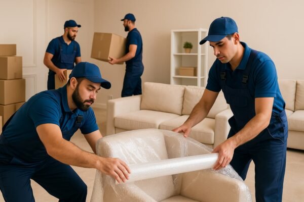 عمال نقل عفش محترفون بالكويت يقومون بتغليف الأثاث داخل منزل حديث