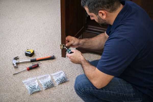 فني يفك دولاب غرفة نوم بعناية