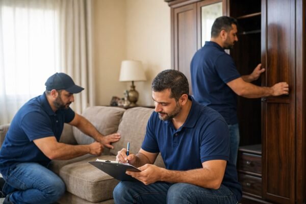 فريق شركة يعاين كنب ودولاب في منزل بالكويت